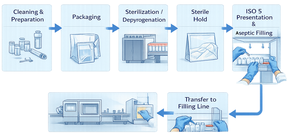 Sterile component lifecycle diagram showing sequence of cleaning and preparation, packaging, sterilization or depyrogenation, sterile hold, controlled transfer, ISO 5 presentation, and integration with aseptic filling operations.