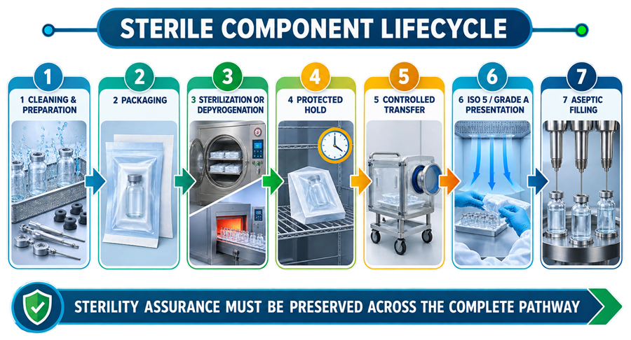 Sterile component lifecycle from cleaning and packaging through sterilization or depyrogenation, protected hold, controlled transfer, critical-zone presentation, and aseptic filling.