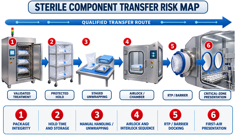 Sterile component transfer route showing validated treatment, protected hold, staged unwrapping, airlock passage, rapid transfer port docking, and critical-zone presentation with numbered risk points.