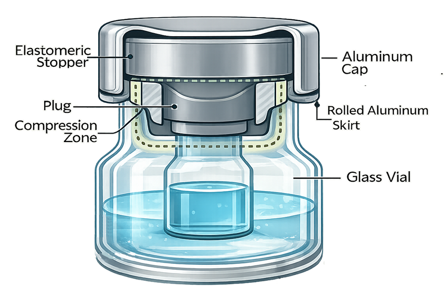 Cross-section of a stoppered and crimp-capped sterile vial showing the elastomeric stopper, plug compression zone, aluminum cap, rolled skirt, and glass vial finish.