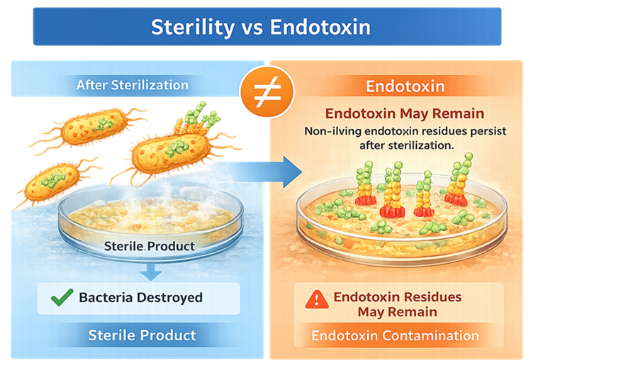 Comparison showing viable Gram-negative bacteria before sterilization and persistent lipopolysaccharide endotoxin fragments after the bacteria have been killed.