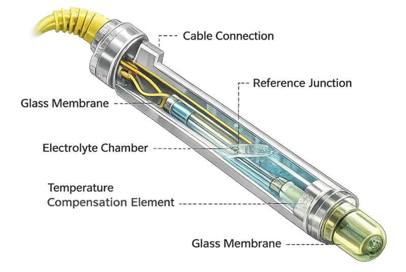 Cross-section of a sterilizable bioreactor pH probe showing the glass membrane, reference junction, electrolyte, and temperature sensor