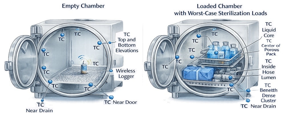 Comparison of temperature-sensor placement in an empty steam sterilizer chamber and within a loaded chamber containing representative worst-case sterilization loads.