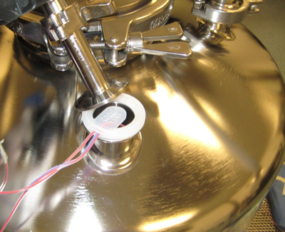 Close-up of thermocouple wires inserted through a sanitary vessel port for internal steam sterilization temperature measurement.