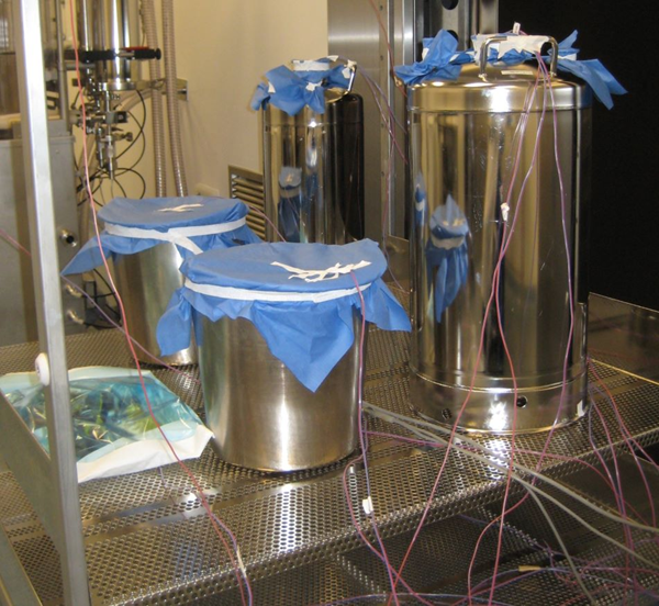Stainless-steel vessels and covered equipment components instrumented with thermocouples for a steam sterilization loaded heat-penetration study.