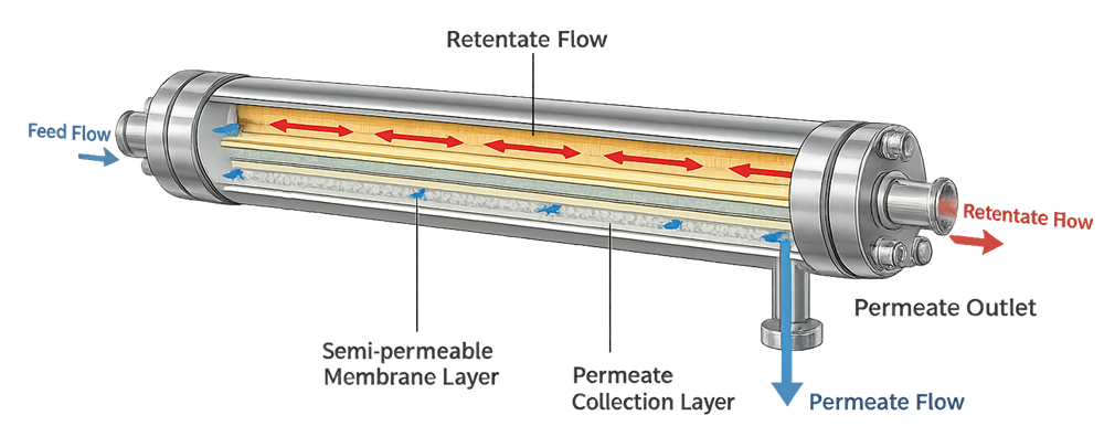 Cross-section of a tangential-flow filtration module showing feed moving along the membrane surface, retentate leaving the module, and permeate passing through the membrane.