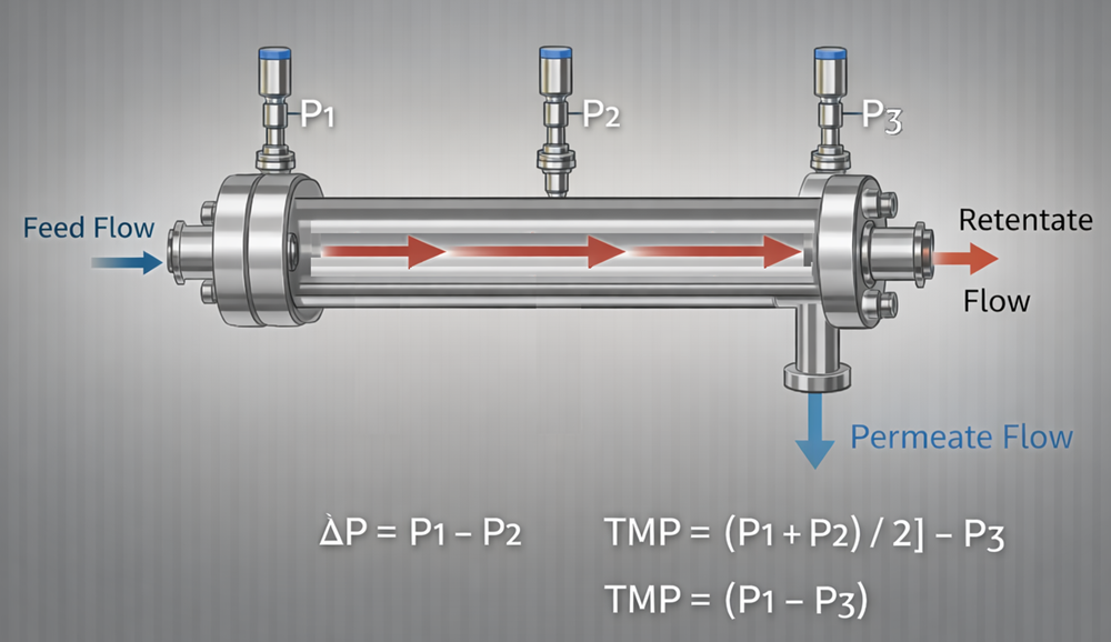 Diagram showing pressure sensor placement at module inlet P1, module outlet P2, and permeate line P3 with formulas for ΔP and TMP.