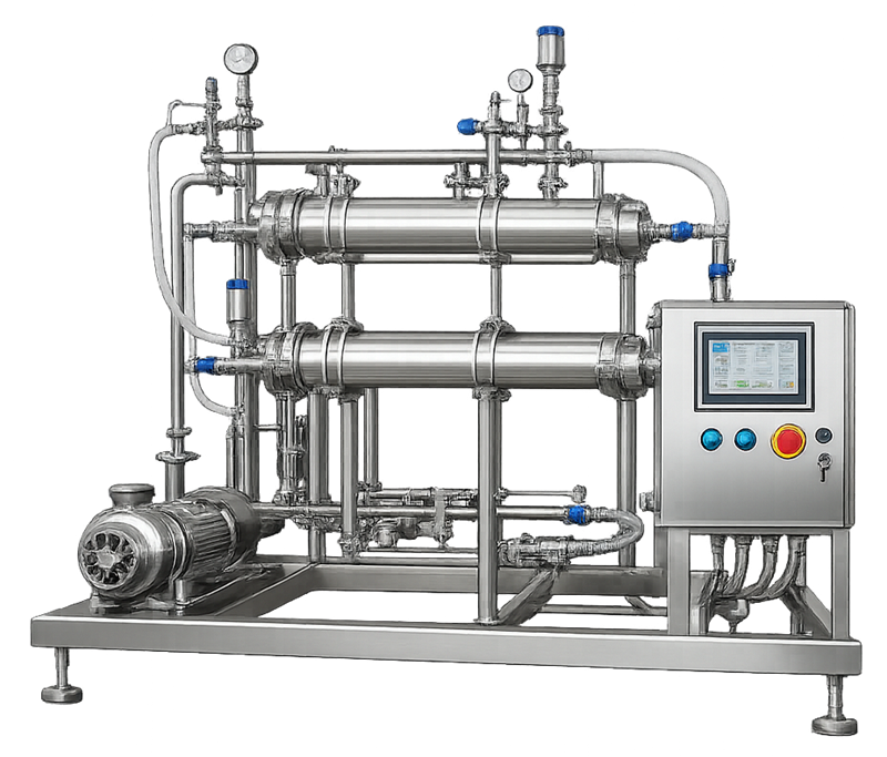Reusable stainless-steel tangential-flow filtration skid with recirculation piping, membrane modules, pump, valves, and process instruments.