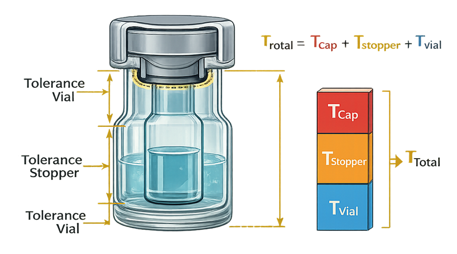 Vial closure tolerance stack-up showing how cap, stopper, and vial dimensional variations combine to affect closure compression and crimp geometry.