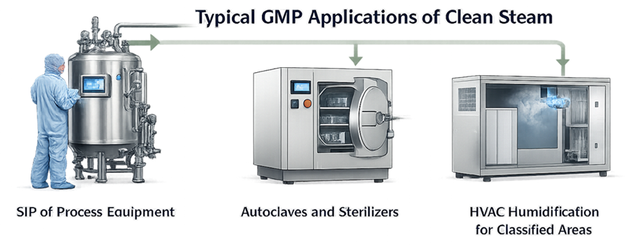 Three representative clean steam applications showing SIP of process equipment, an autoclave or sterilizer, and direct-injection humidification for a critical GMP air system.