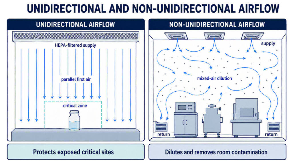 Comparison of unidirectional airflow providing parallel HEPA-filtered first air over an exposed critical zone and non-unidirectional airflow using mixed-air distribution to dilute and remove room contamination.