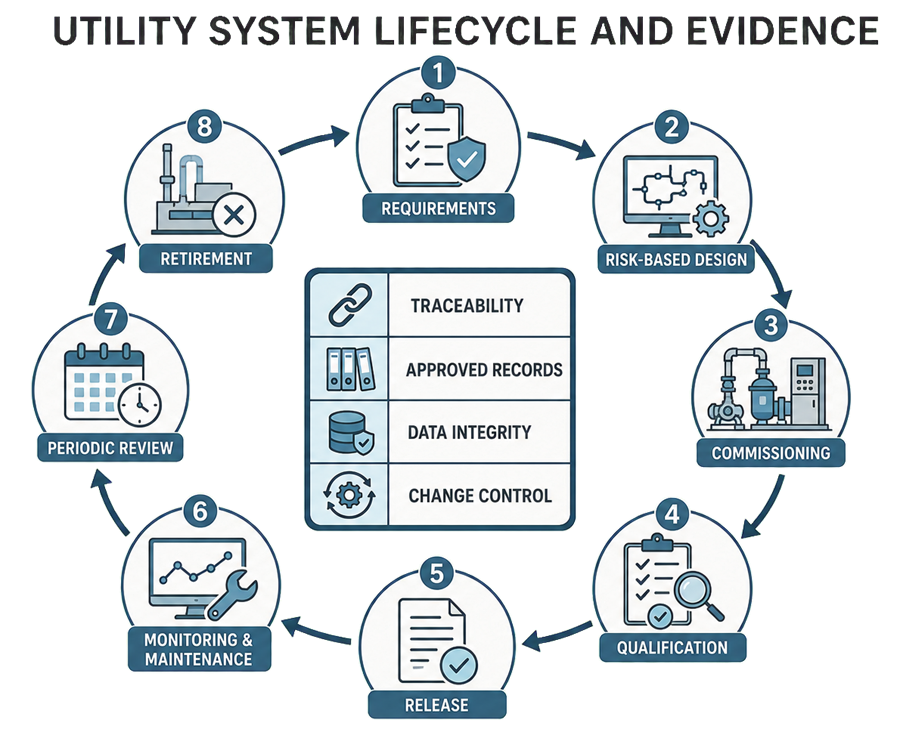 Utility system lifecycle from requirements and risk-based design through commissioning, qualification, release, monitoring, periodic review, and retirement, supported by traceability, approved records, data integrity, and change control.
