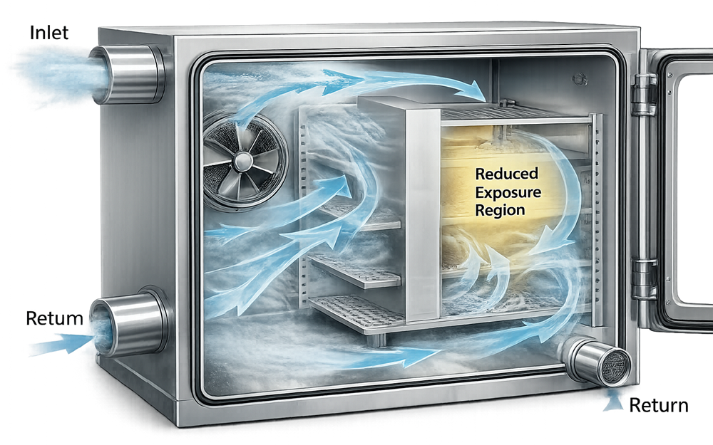 Cutaway VHP chamber showing vapor injection, recirculating airflow around a rack load, and a reduced-exposure region behind an obstruction.
