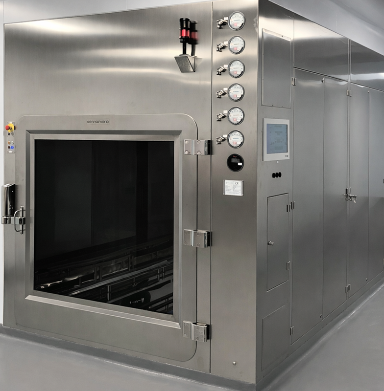 Large stainless-steel vaporized hydrogen peroxide chamber with viewing doors and an external hydrogen peroxide generation and control system.