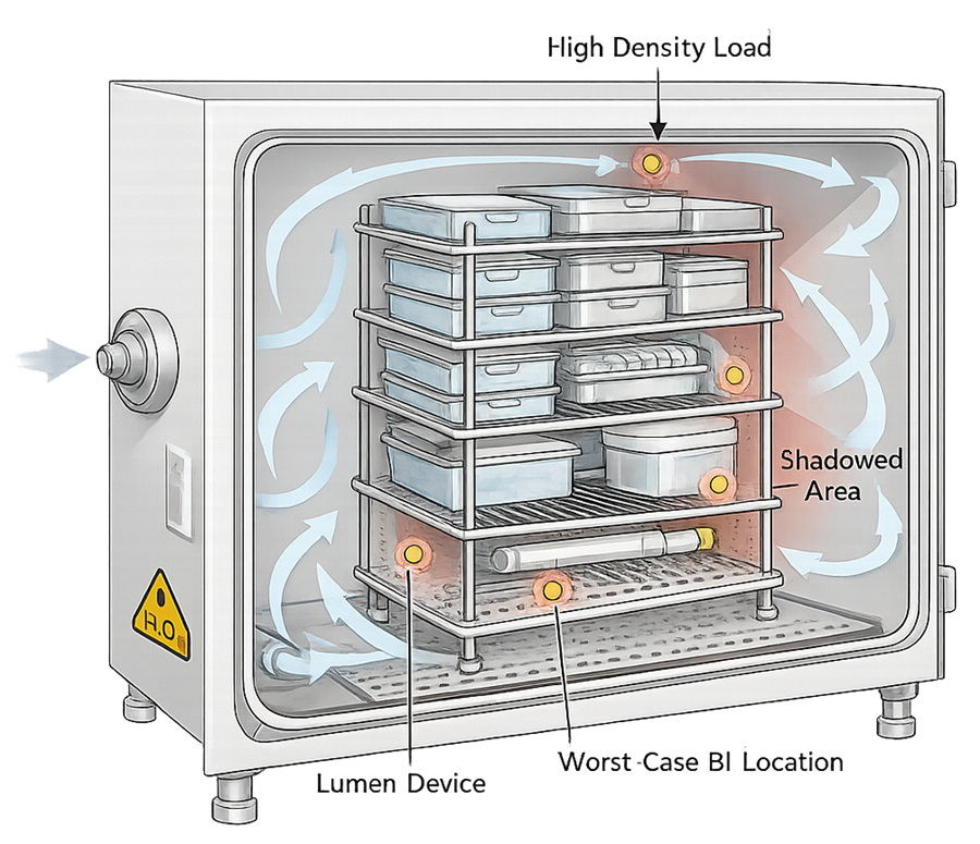 Cross-sectional illustration of a VHP chamber showing worst-case load configuration with high-density trays, lumen device, vapor shadowing zones, airflow pattern, and biological indicator placement in lowest-exposure areas.