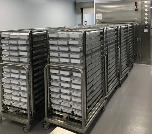 Multiple stainless-steel rack carts with densely arranged trays prepared for loading into a large VHP chamber.