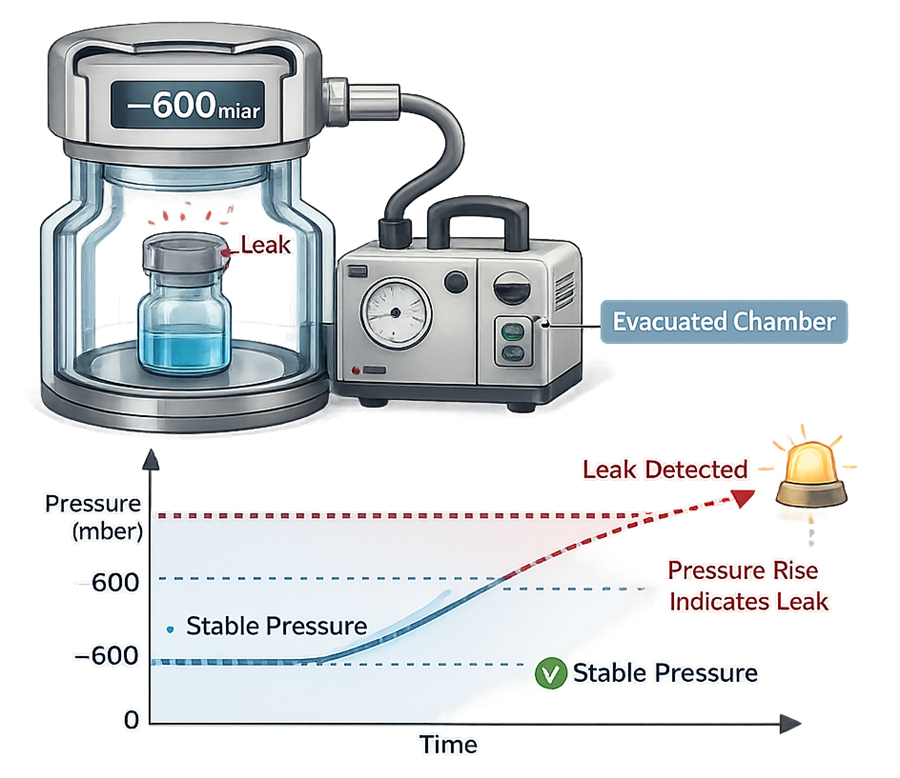 Vacuum-decay container closure integrity test showing a vial inside an evacuated chamber and pressure behavior associated with an intact or leaking package.
