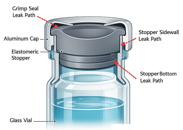 Cross-section of a stoppered and capped vial showing potential leak paths at closure interfaces and around the vial finish.