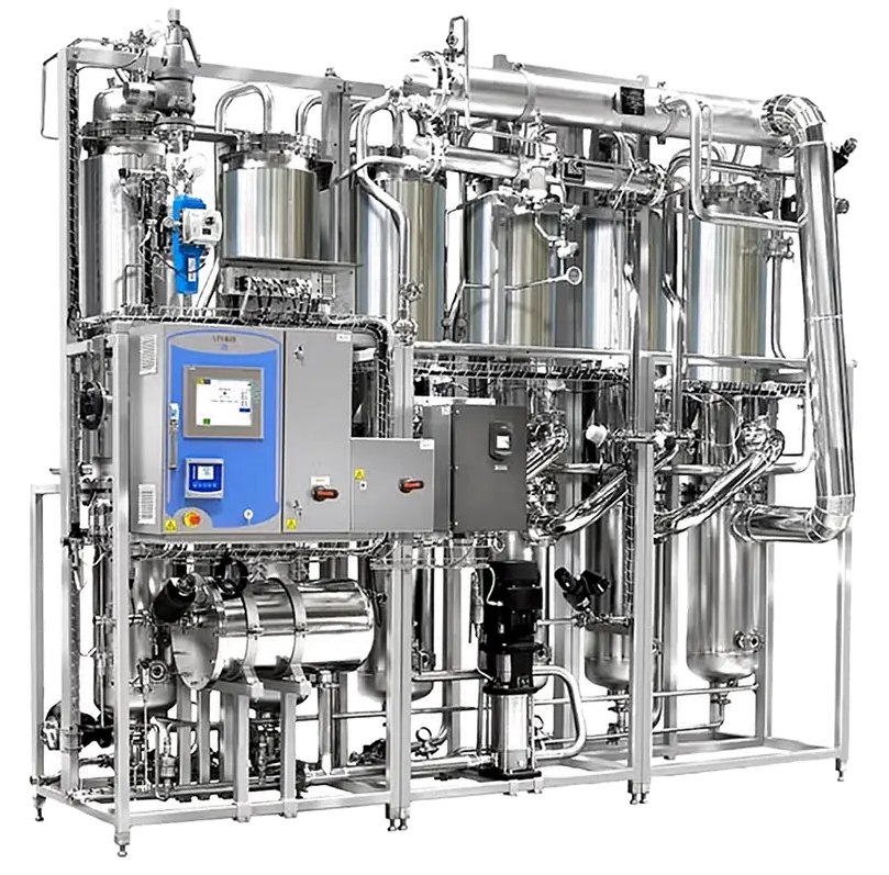 Skid-mounted pharmaceutical Water for Injection generation system with stainless-steel process vessels, piping, instruments, and automated controls.