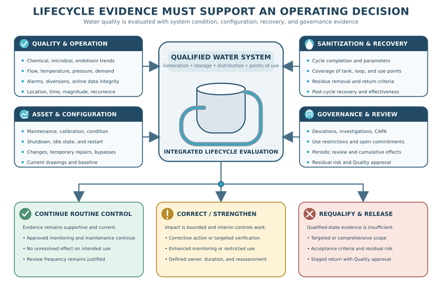 Pharmaceutical-water storage and distribution loop supported by monitoring, sanitization, maintenance, and periodic review, leading to decisions to continue operation, correct conditions, or requalify.