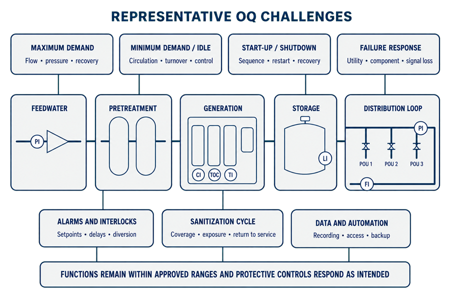 Pharmaceutical-water generation, storage, and distribution system surrounded by OQ challenges for demand, idle operation, start-up, shutdown, alarms, interlocks, sanitization, and component failure.