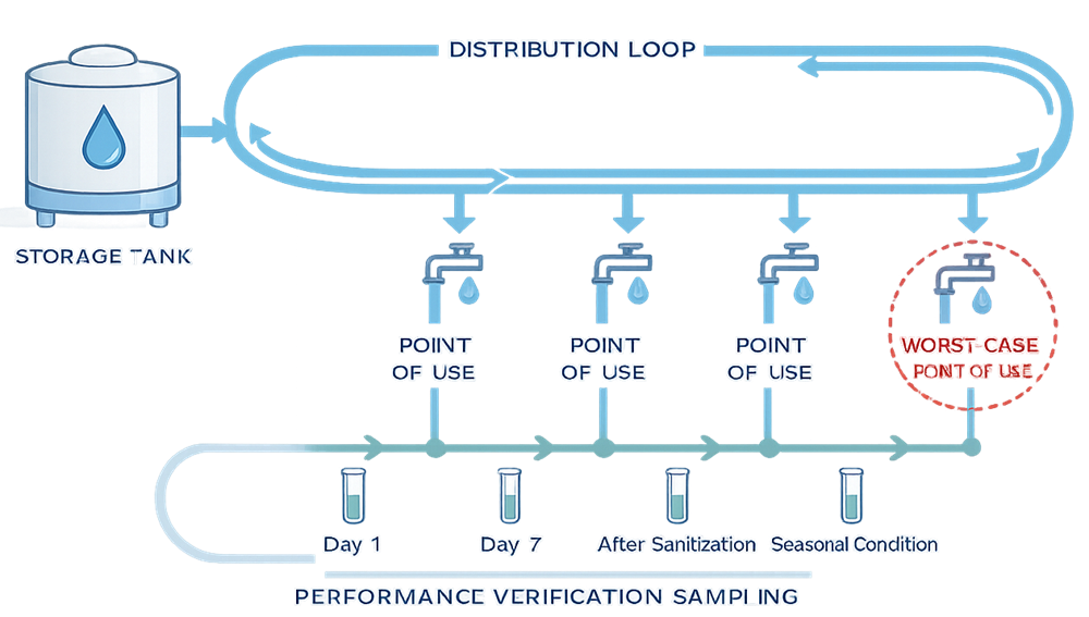 Conceptual diagram showing performance verification sampling of a pharmaceutical water system, including a storage tank, continuously circulating distribution loop, multiple points of use, identification of a worst-case point, and sampling performed over time to demonstrate system stability.