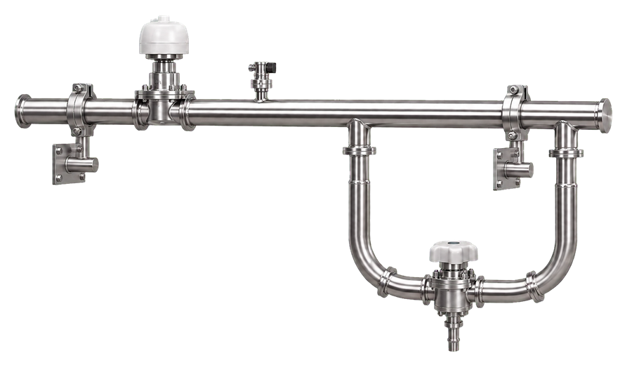 Pharmaceutical-water distribution piping showing hygienic stainless-steel construction, orbital welds, diaphragm valves, sanitary instruments, and supported sloped pipework.