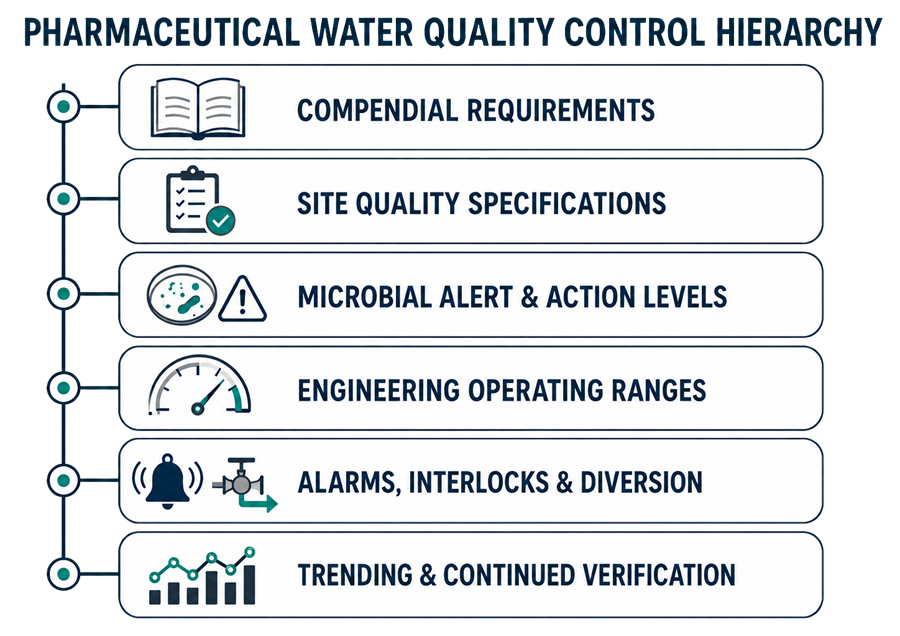 Pharmaceutical water quality control hierarchy separating compendial requirements, site specifications, microbial alert and action levels, operating ranges, alarms and interlocks, and continued verification.