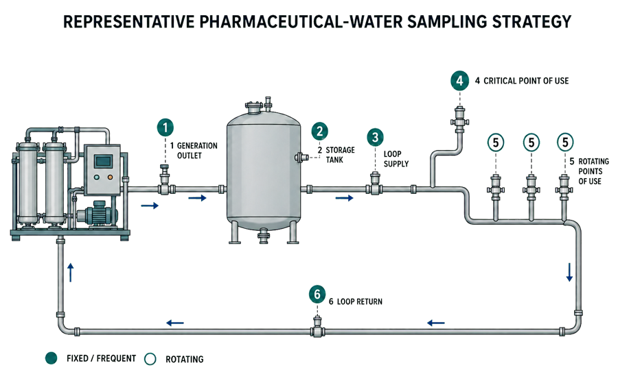 Representative pharmaceutical-water sampling strategy showing the generation outlet, storage tank, loop supply, critical and rotating points of use, and loop return