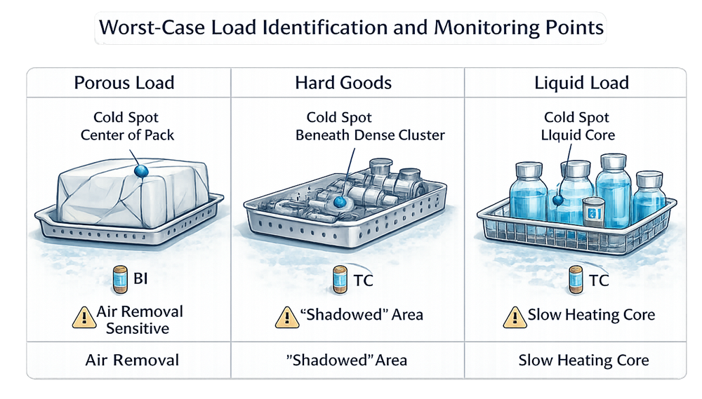 Representative porous, hard-goods, and liquid steam sterilization loads showing potential difficult-to-sterilize locations and candidate temperature-sensor or biological-indicator positions.
