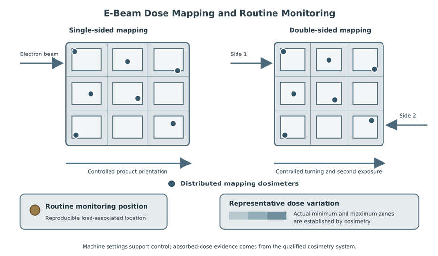 E-beam dose-mapping diagram showing controlled carton orientation, distributed dosimeters, representative dose zones, double-sided exposure, and a routine monitoring dosimeter position.