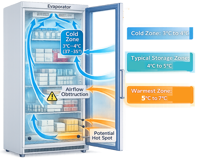 Air circulation through a loaded pharmaceutical refrigerator showing airflow paths, obstruction, and representative warmer and colder locations.