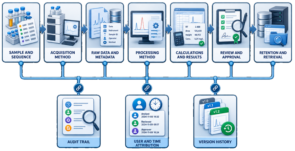 Electronic analytical-record lifecycle from sample sequence and acquisition through raw data, metadata, processing, calculations, approval, retention, audit trails, user attribution, and version history.