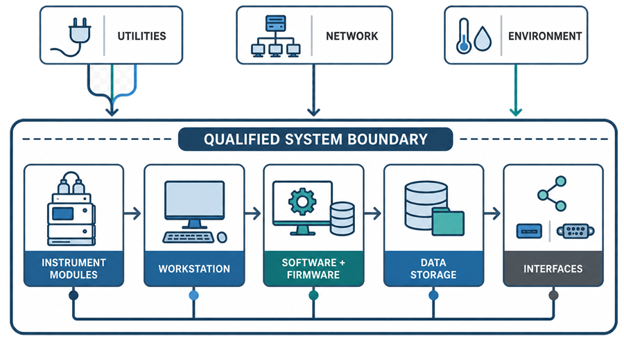 Analytical IQ system boundary showing instrument modules, workstation, software, firmware, data storage, interfaces, utilities, network, and environment.