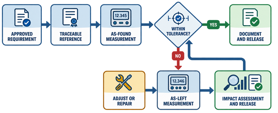 Analytical instrument calibration workflow from approved requirements and traceable references through as-found measurement, tolerance decision, adjustment, as-left measurement, impact assessment, and release.