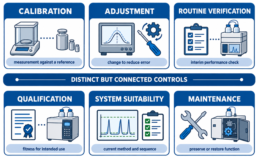 Comparison of analytical instrument calibration, adjustment, routine verification, qualification, system suitability, and maintenance, showing the distinct purpose of each activity.
