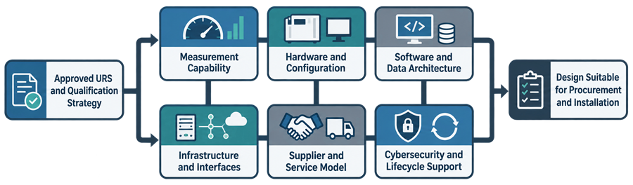 Analytical instrument Design Qualification review covering measurement capability, hardware configuration, software and data architecture, infrastructure, interfaces, supplier service, cybersecurity, and lifecycle support.