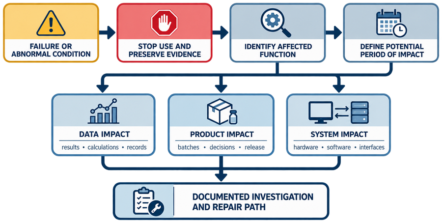 Analytical instrument failure-containment process covering removal from use, preservation of evidence, affected-function identification, potential impact period, data impact, product impact, system impact, investigation, and repair pathway.