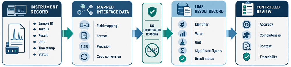 Analytical instrument to LIMS data mapping for sample identifiers, results, units, timestamps, precision, status, and controlled review.