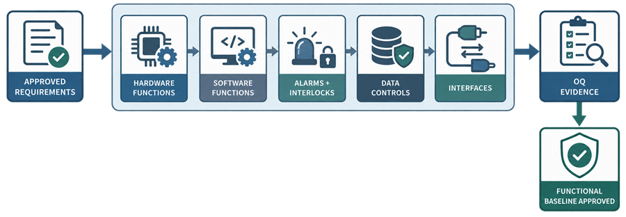 Analytical instrument OQ framework covering hardware, software, alarms, interlocks, data controls, interfaces, and approval of the functional baseline.
