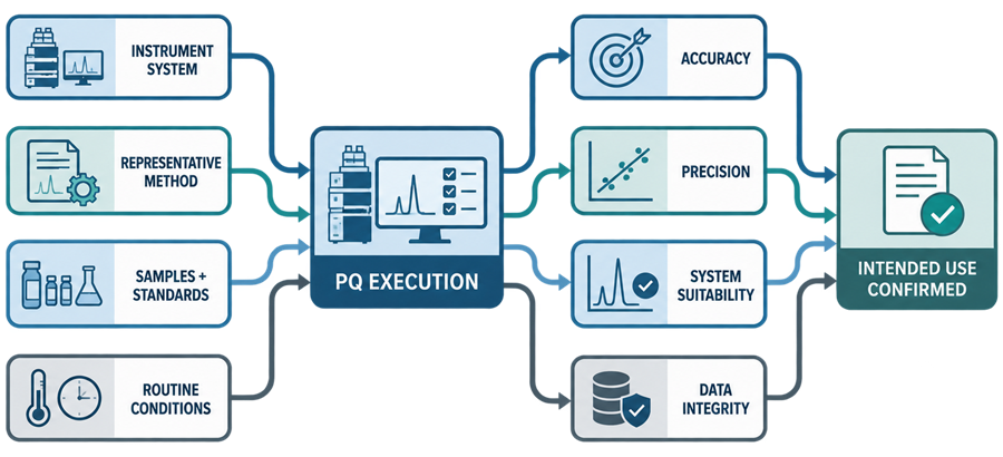 Analytical instrument PQ model integrating the instrument system, representative method, samples, standards, routine conditions, accuracy, precision, system suitability, and data integrity.