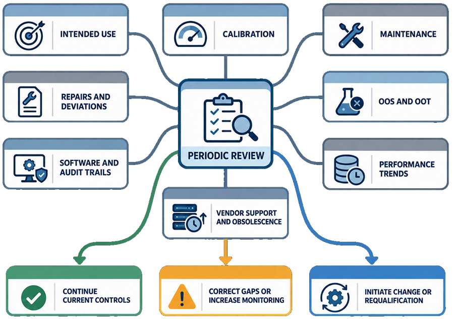 Analytical instrument periodic-review evidence map covering intended use, calibration, maintenance, repairs, deviations, OOS and OOT events, software, audit trails, performance trends, vendor support, and obsolescence.