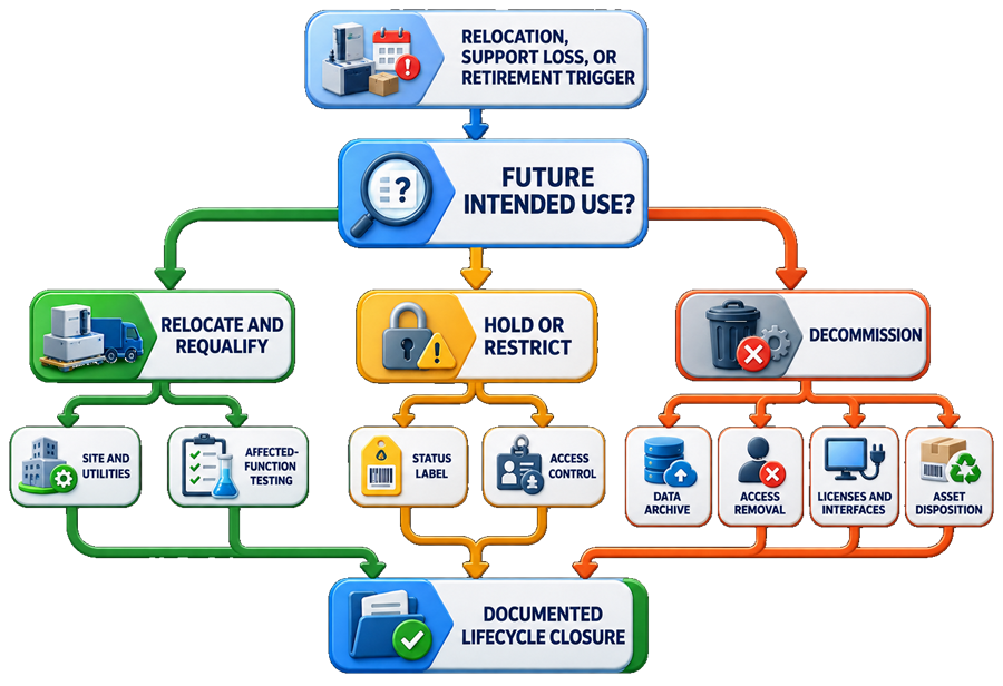 Analytical instrument relocation, restricted-use, and decommissioning decisions covering site and utility checks, affected-function testing, status control, data archiving, access removal, interfaces, and asset disposition.