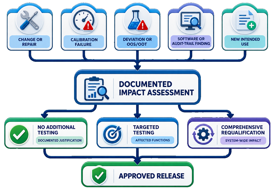 Requalification impact assessment converting changes, repairs, calibration failures, deviations, OOS and OOT events, software findings, and new intended uses into proportionate testing and approved release.