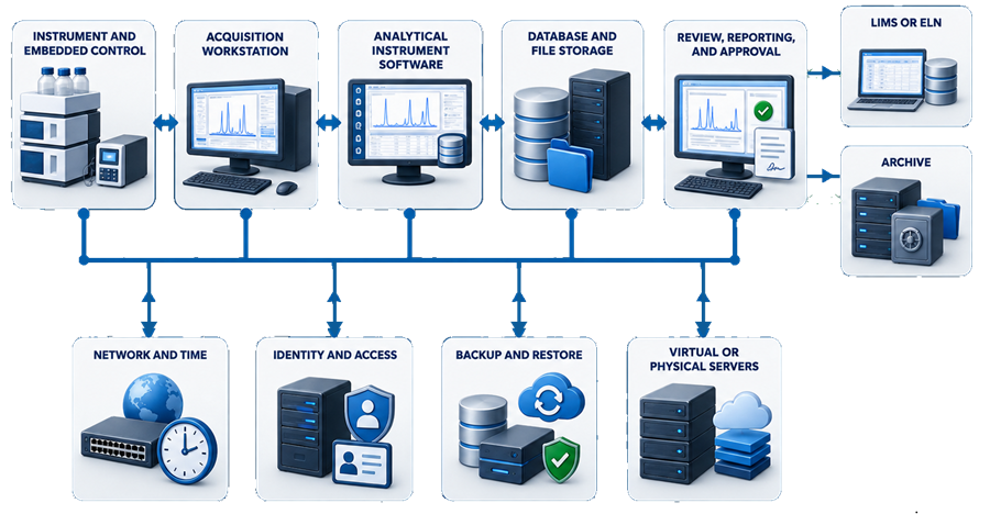 Analytical instrument software architecture showing instrument control, acquisition workstation, analytical software, database, review and reporting, infrastructure services, laboratory information management system (LIMS) or electronic laboratory notebook (ELN) interface, and archive within the validated system boundary.