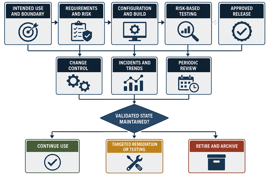 Analytical instrument software validation lifecycle covering intended use, requirements, risk, configuration, testing, release, change control, incidents, periodic review, remediation, continued use, and retirement.