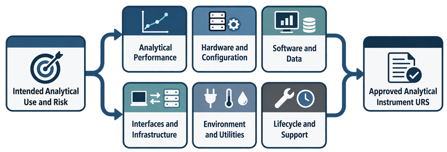 Analytical instrument URS architecture covering analytical performance, hardware and configuration, software and data, interfaces and infrastructure, environment and utilities, and lifecycle support.