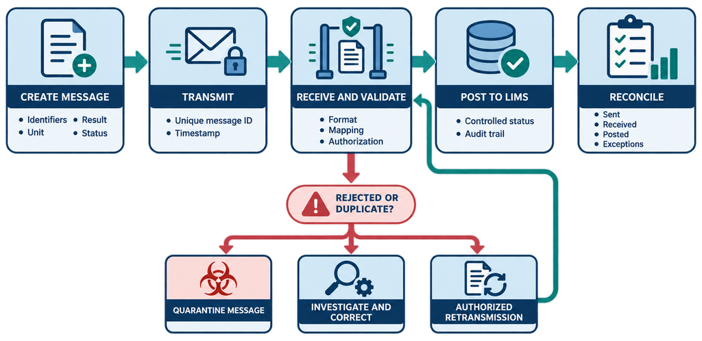 Analytical interface workflow for message creation, transmission, validation, LIMS posting, reconciliation, rejection, investigation, and retransmission.
