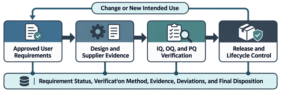 Analytical instrument requirements traceability from approved user requirements through design and supplier evidence, IQ, OQ, PQ, release, and lifecycle control.