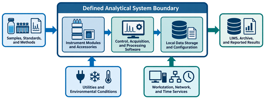 Analytical system boundary showing instrument modules, acquisition and processing software, local data storage, samples and methods, utilities, environmental conditions, network services, LIMS, archive, and reported results.